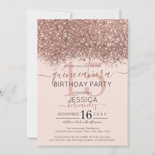Chic Rose Gold Pink Glitzer Confetti Quinceañera Einladung (Vorderseite)