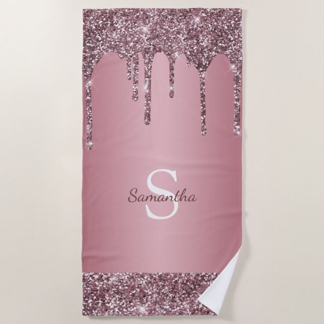 Chic Rose Gold Pink Glitzer Tropfen Sparkone Monog Strandtuch (Vorderseite)