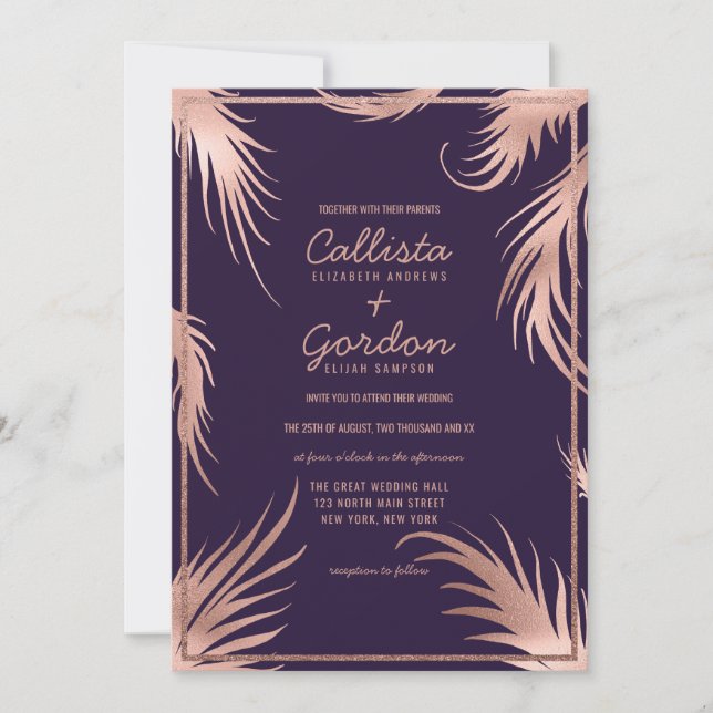 Chic Rose Gold Plum Leaf Glitzer Border Wedding Einladung (Vorderseite)