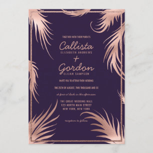 Chic Rose Gold Plum Leaf Glitzer Border Wedding Einladung