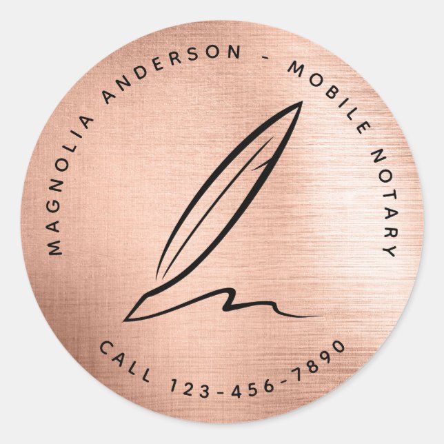 Chic Rose Gold Quill Mobile Notar Runder Aufkleber (Vorderseite)
