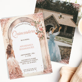 Chic Rose Gold Quinceañera Dress Floral Arch Foto Einladung