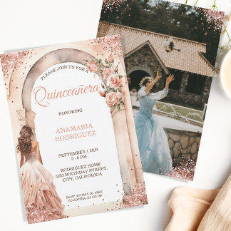 Chic Rose Gold Quinceañera Dress Floral Arch Foto Einladung