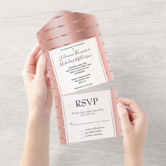 Chic Rose Gold Ribbon Wedding All In One Einladung (Abreißen)