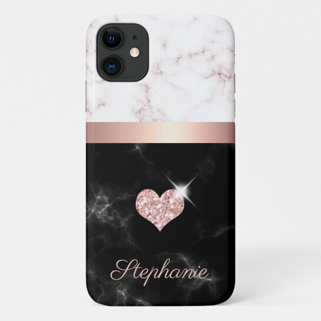 Chic Rose Gold Schwarzer Marmor Glitzer Herzname Case-Mate iPhone Hülle (Rückseite)