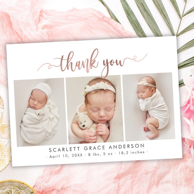 Chic Rose Gold Script Baby Foto Collage Vielen Dan Postkarte (Von Creator hochgeladen)