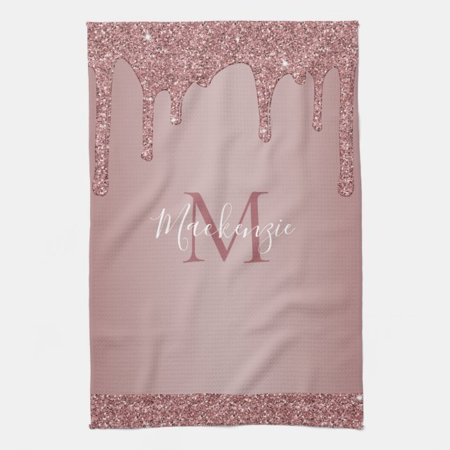 Chic Rose Gold Sparkle Drilling Glitzer Monogram Geschirrtuch (Vertikal)