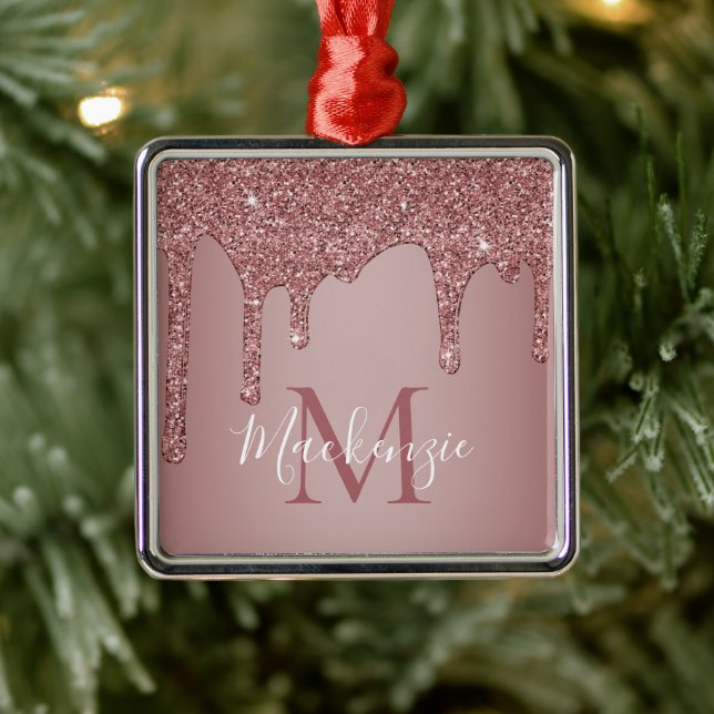 Chic Rose Gold Sparkle Glitzer Tropfen Monogram Ornament Aus Metall (Baum)