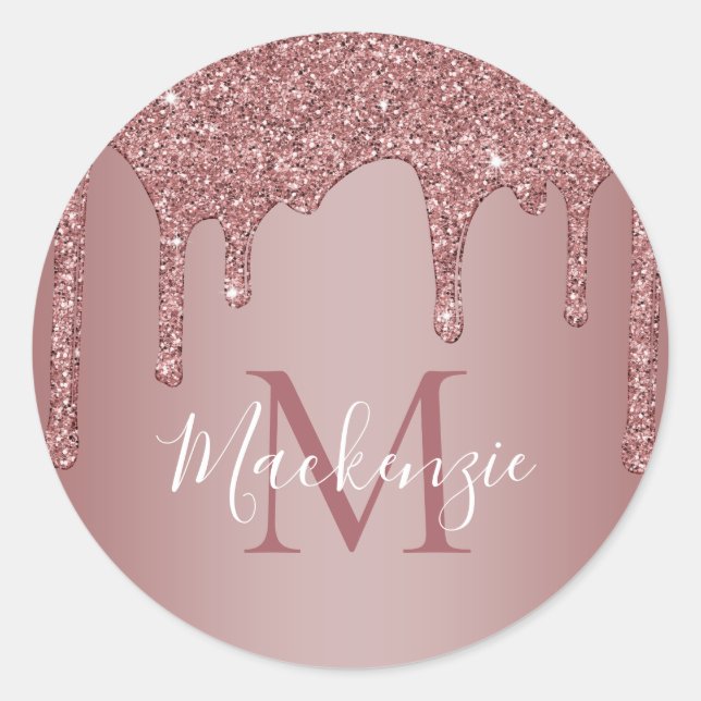 Chic Rose Gold Sparkle Glitzer Tropfen Monogram Runder Aufkleber (Vorderseite)