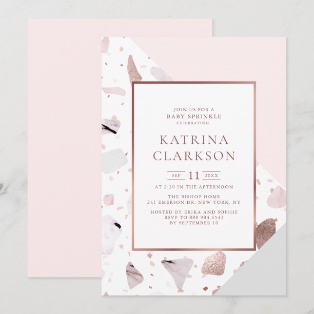 Chic Rose Gold Terrazzo Pattern Girl Baby Sprinkle Einladung (Vorne/Hinten)