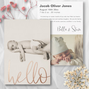 Chic Rose Gold Texte Hello Photo Baby Faire-part