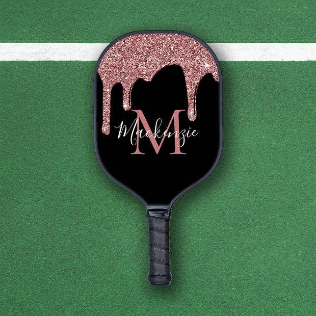 Chic Rose Gold und Black Glitzer Tropfen Monogram Pickleball Schläger (Chic Rose Gold and Black Glitter Drips Monogram Pickleball Paddle)
