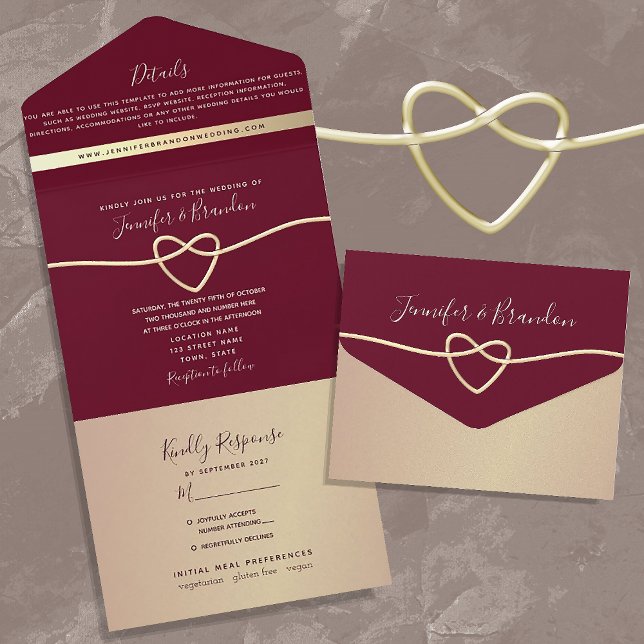 Chic Rose Gold und Burgund Wedding All In One Einladung (Von Creator hochgeladen)