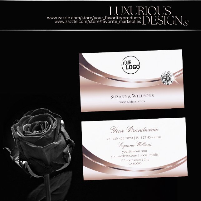 Chic Rose Gold Weiß mit Logo und Funkelnd Diamant Visitenkarte (Von Creator hochgeladen)