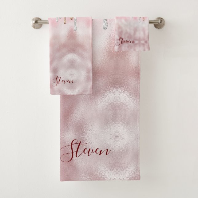 Chic Rose Rose Gold Glitzer Tropfen Monogramm Badhandtuch Set (Insitu)