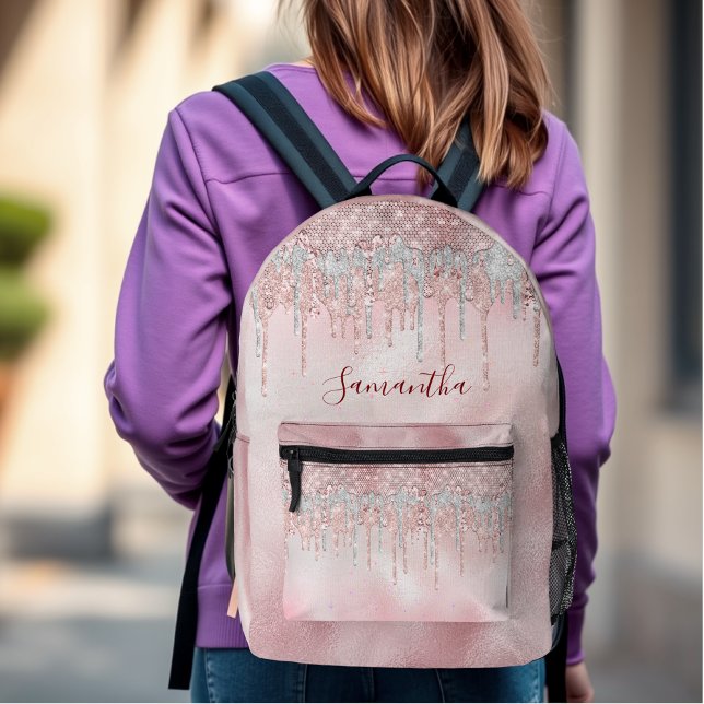 Chic Rose Rose Gold Glitzer Tropfen Monogramm Bedruckter Rucksack (Von Creator hochgeladen)