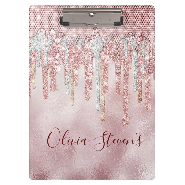 Chic Rose Rose Gold Glitzer Tropfen Monogramm Klemmbrett (Vorderseite)