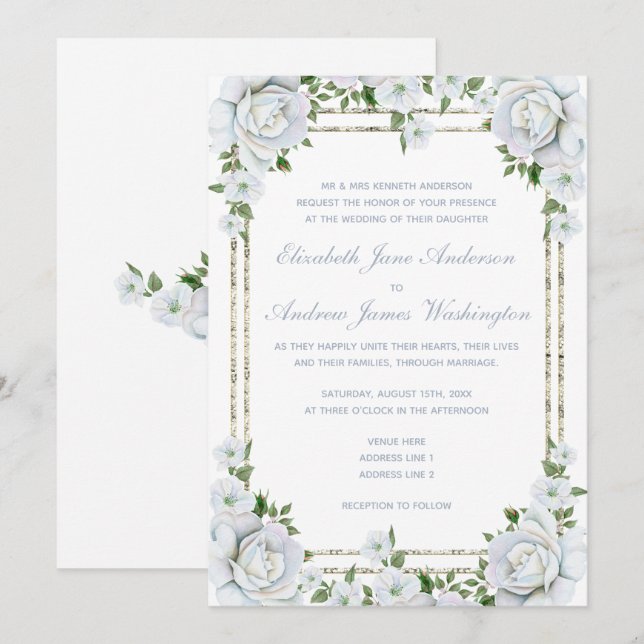 Chic Rose & Silver Border Floral Wedding Einladung (Vorne/Hinten)