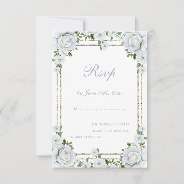 Chic Rose & Silver Border Floral Wedding RSVP Karte (Vorderseite)