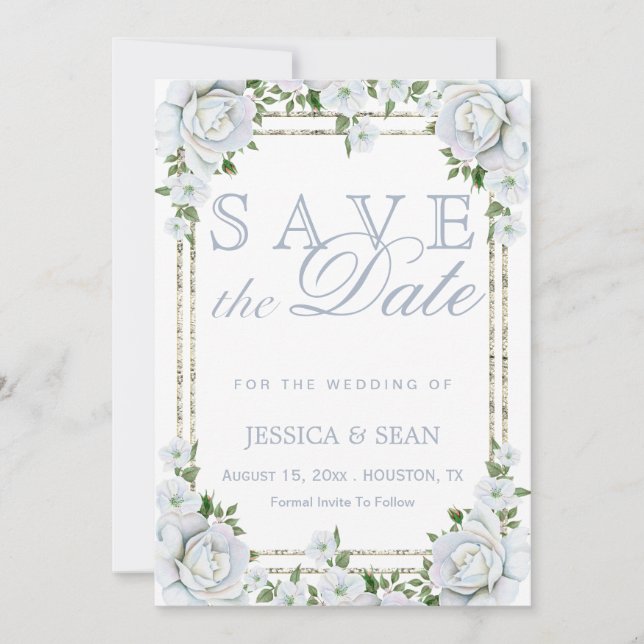 Chic Rose & Silver Border Floral Wedding Save The Date (Vorderseite)