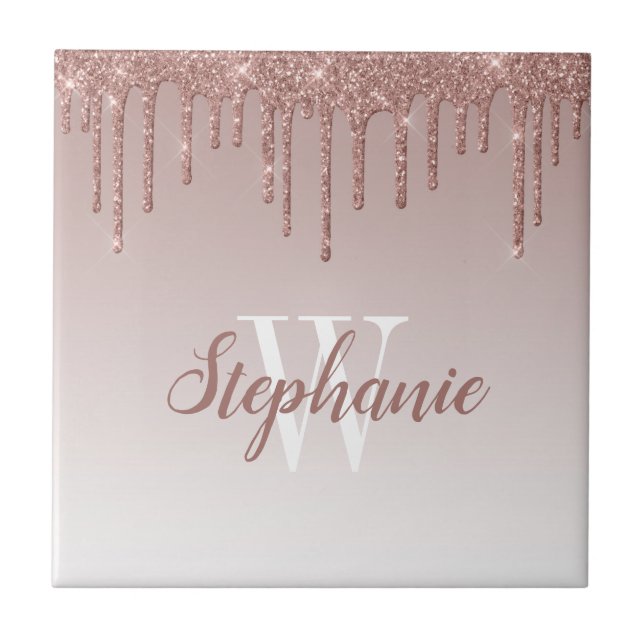 Chic Roségold Glitter-Drip-Monogramm Fliese (Vorderseite)