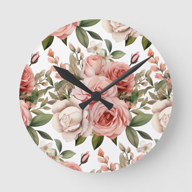 Chic Roses Roses Fleurs Florales Horloge (Recto)