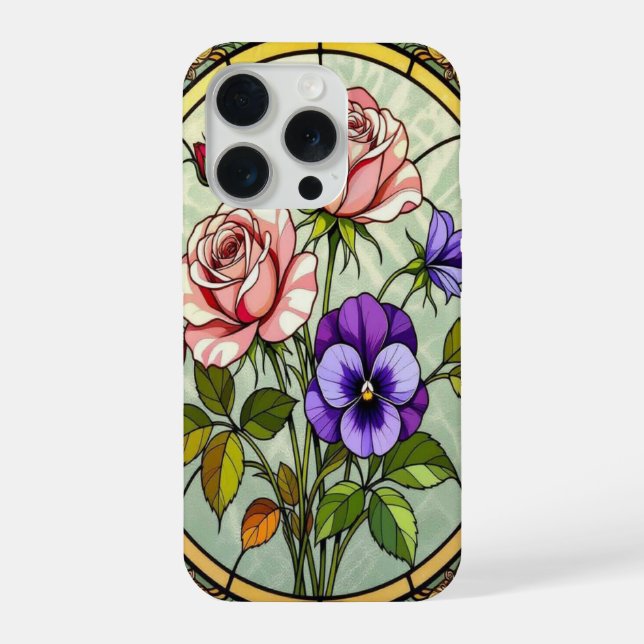 Chic roses wild violets stained Glass iPhone 15 Pro Hülle (Rückseite)
