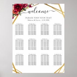 Chic Rot Blumen Imitate Gold Hochzeitskarte Poster