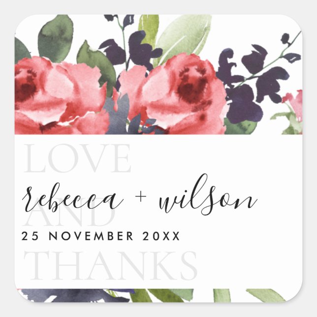 CHIC ROTE ROSE PEONY FLORAL LIEBE UND DANKE WEDEN QUADRATISCHER AUFKLEBER (Vorderseite)