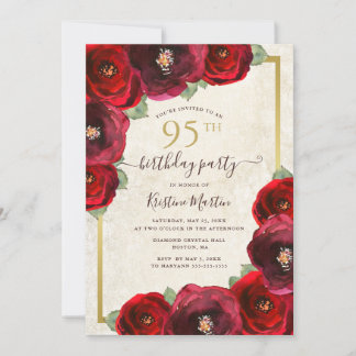 Chic Rote Rose Watercolor Floral Gold 95. Geburtst Einladung