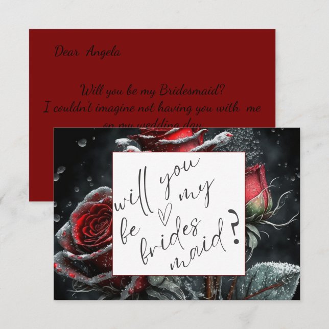Chic Rote Rosen Black Bridesmaid Card Einladung (Vorne/Hinten)
