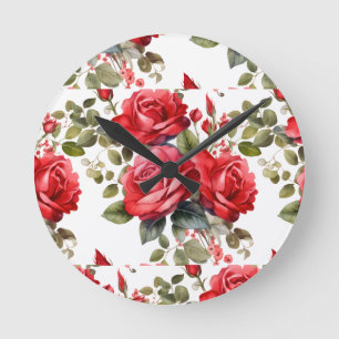 Chic Rote Rosen Blume Blumenuhr Runde Wanduhr