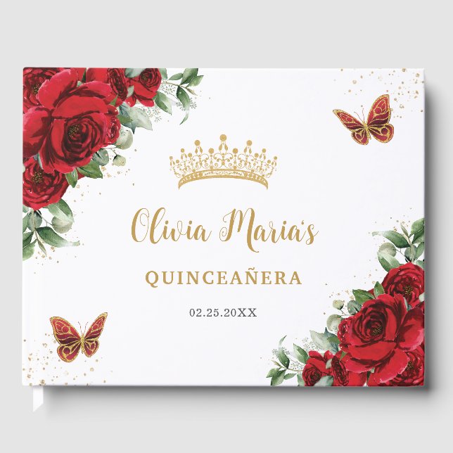 Chic Rote Rosen Floral Butterfells Gold Quinceaner Gästebuch (Vorderseite)