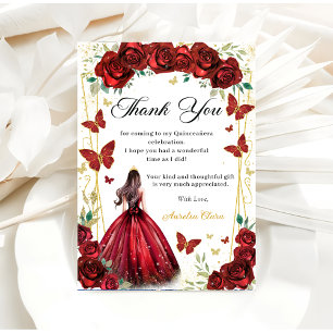 Chic Rote Rosen Floral Butterfliegen Quinceañera Dankeskarte