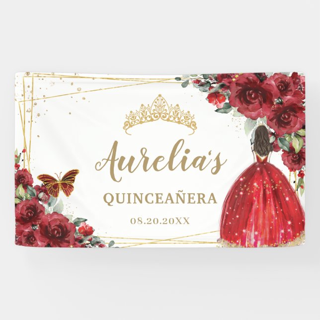 Chic Rote Rosen Floral Quinceañera Willkommen Hint Banner (Horizontal)