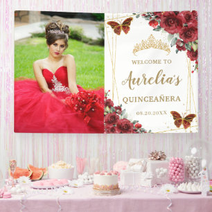 Chic Rote Rosen Floral Quinceañera Willkommen Hint Banner