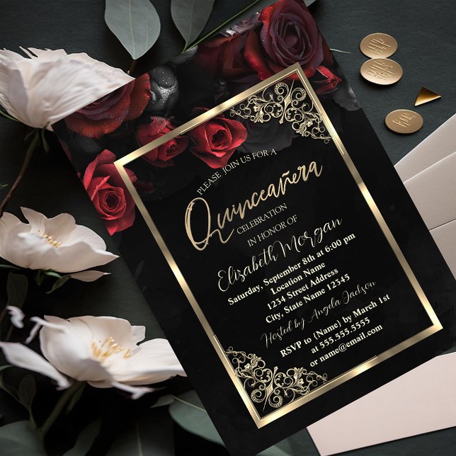 Chic Rote Rosen Gold Frame Black Quinceñera Einladung (Von Creator hochgeladen)