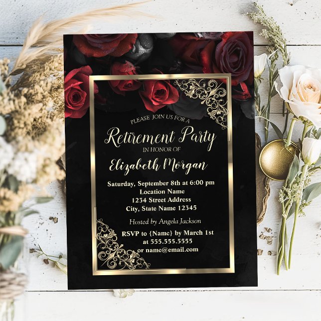 Chic Rote Rosen Gold Frame Black Retirement Party Einladung (Von Creator hochgeladen)