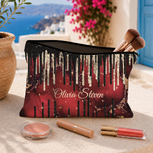 Chic rote schwarze tropfende Glitter-Monogramm Zubehörtasche