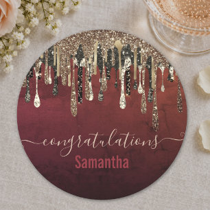 Chic rote schwarze und goldene Glitter-Tropfen-Mon Runder Pappuntersetzer