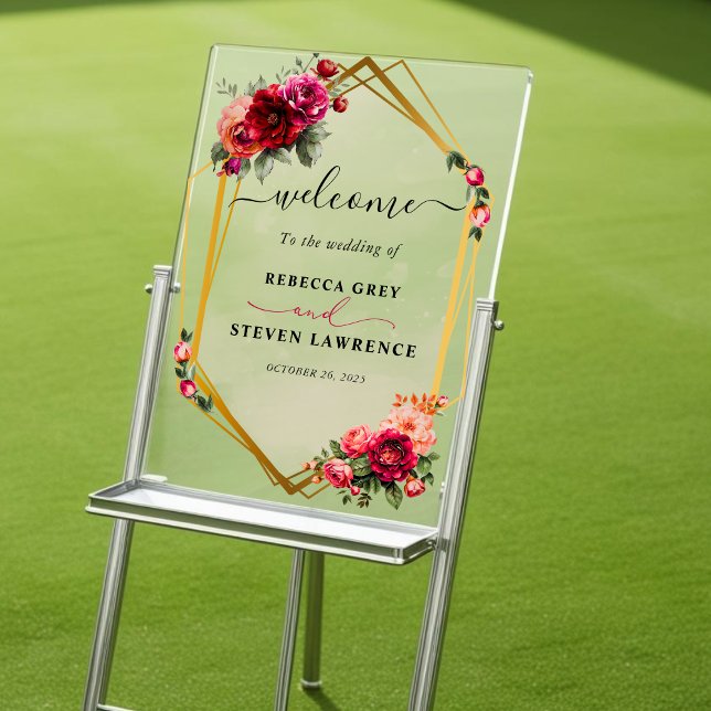 Chic rouge rose floral et faux or mariage accueil (Créateur téléchargé)