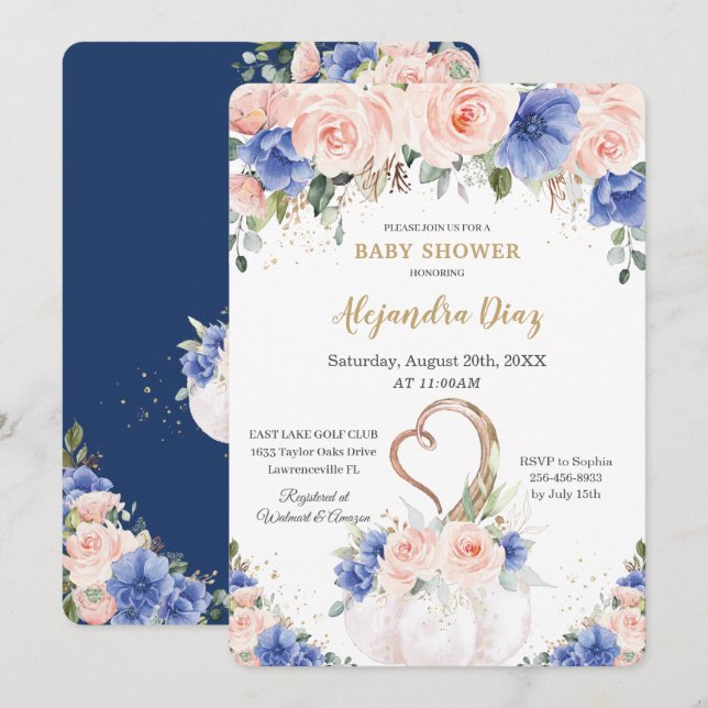 Chic Royal Blue Blush Floral Pumpkin Baby Dusche Einladung (Vorne/Hinten)