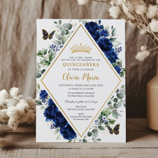Chic Royal Blue Floral Butterflies Quinceañera Einladung