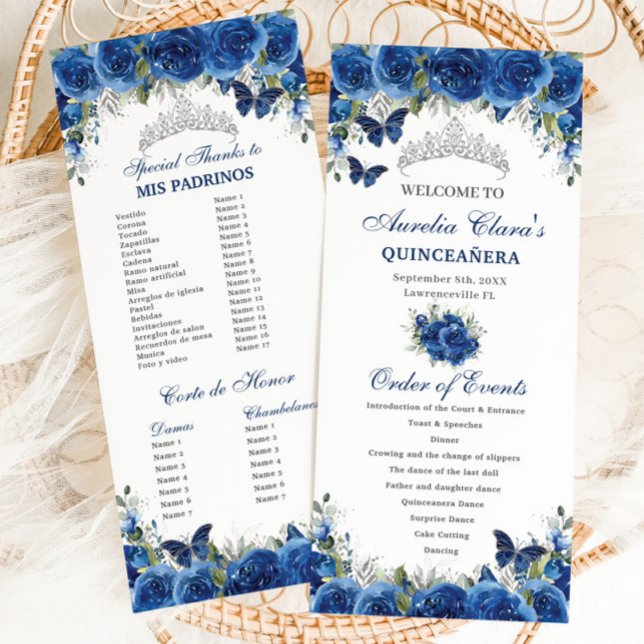 Chic Royal Blue Floral Quinceñera Orden der Verans Programm (Von Creator hochgeladen)