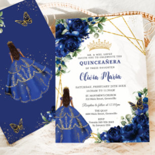 Chic Royal Blue Flowers Brown Princess Quinceañera Einladung