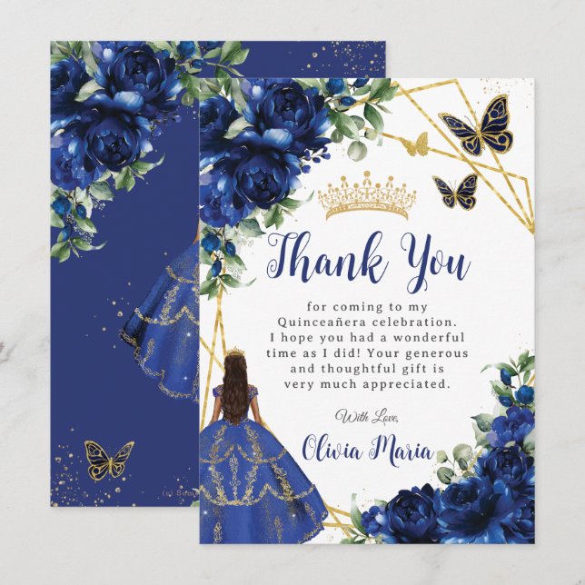 Chic Royal Blue Flowers Dankeskarte (Vorne/Hinten)