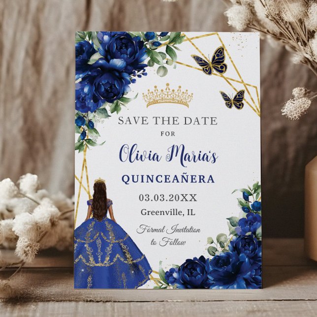 Chic Royal Blue Flowers Princess Quinceañera Save The Date (Von Creator hochgeladen)