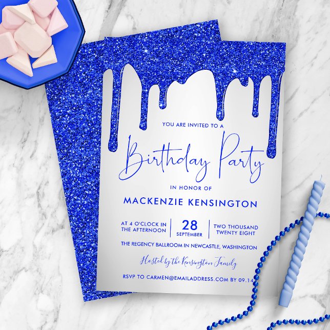 Chic Royal Blue Glitzer Tropfen Silver Birthday Einladung (Von Creator hochgeladen)