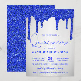 Chic Royal Blue Glitzer Tropfen Silver Quinceañera Einladung