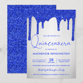 Chic Royal Blue Glitzer Tropfen Silver Quinceañera Einladung